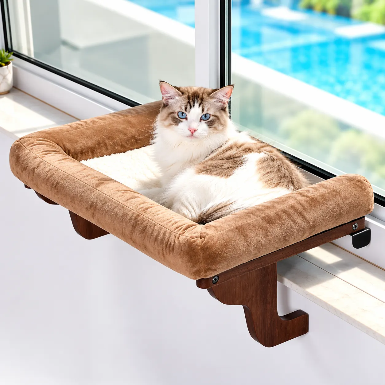 cat hammock bed dark stained wood brown bed