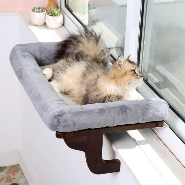 cat hammock bed dark stained wood gray bed